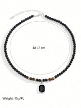 SHEIN 1pc Tiger's Eye Beaded Pendant Necklace With Black Square Rhinestone For Men