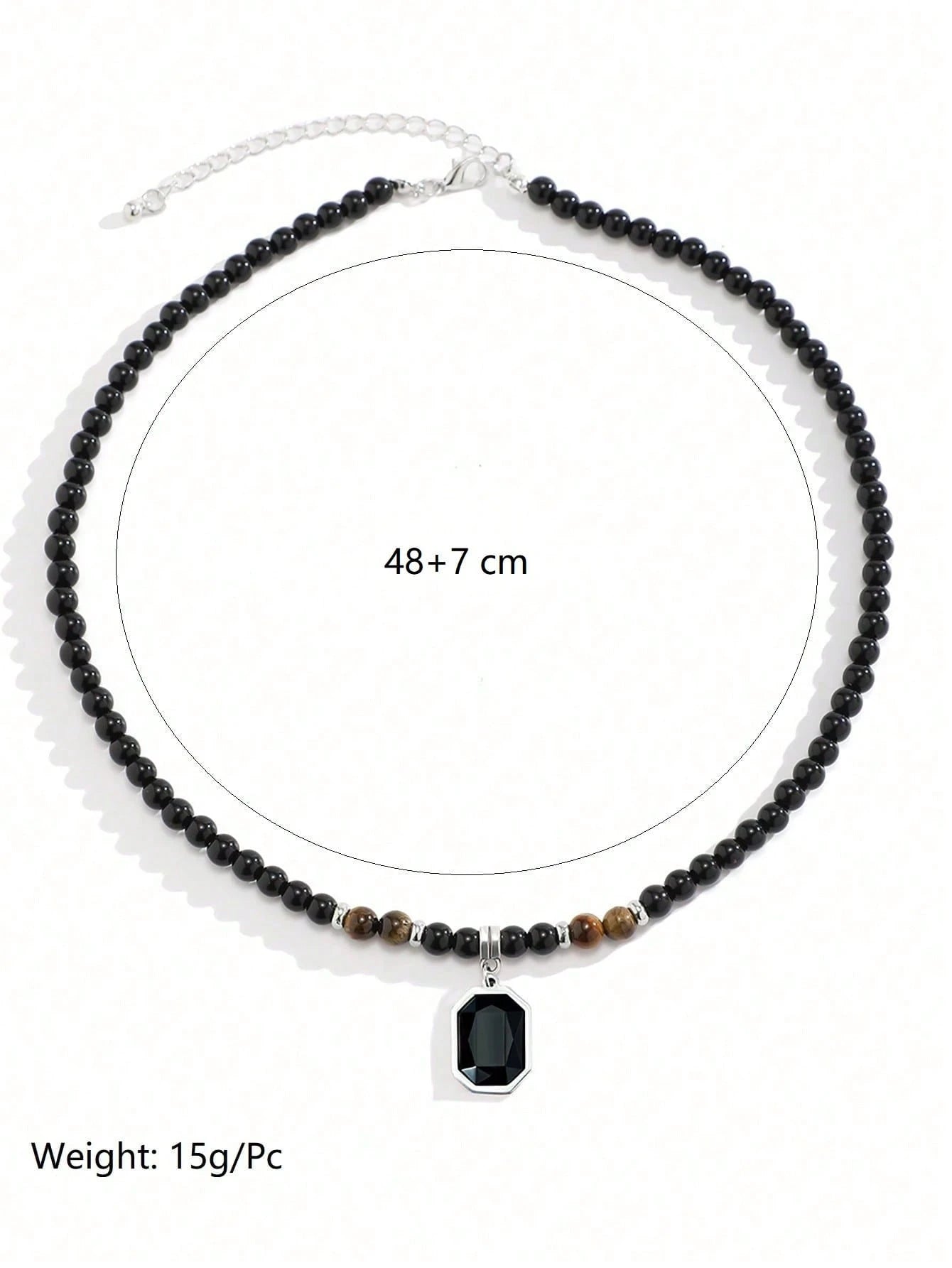 SHEIN 1pc Tiger's Eye Beaded Pendant Necklace With Black Square Rhinestone For Men