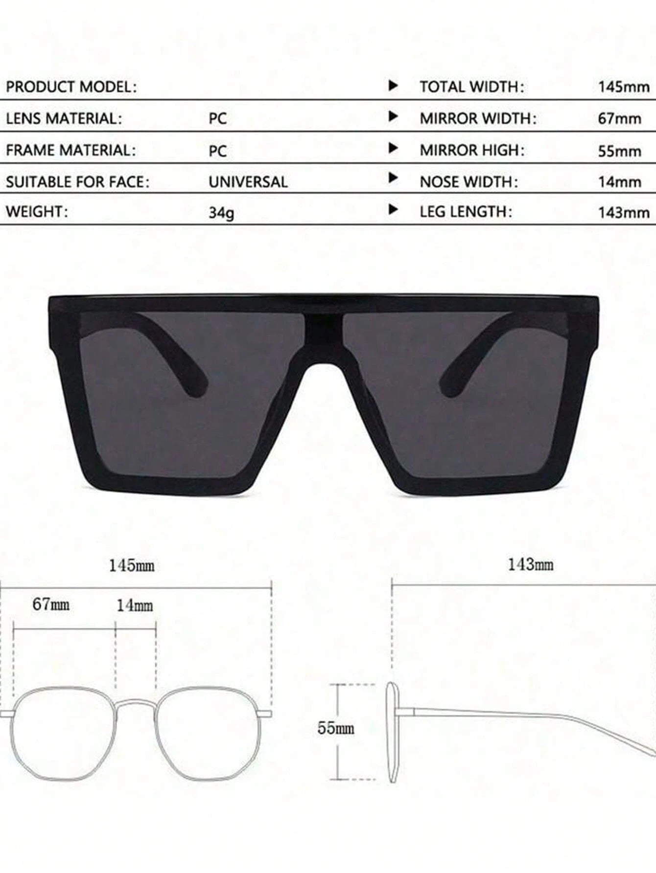 SHEIN One Pair Of Black Oversized One-Piece Fashion Glasses