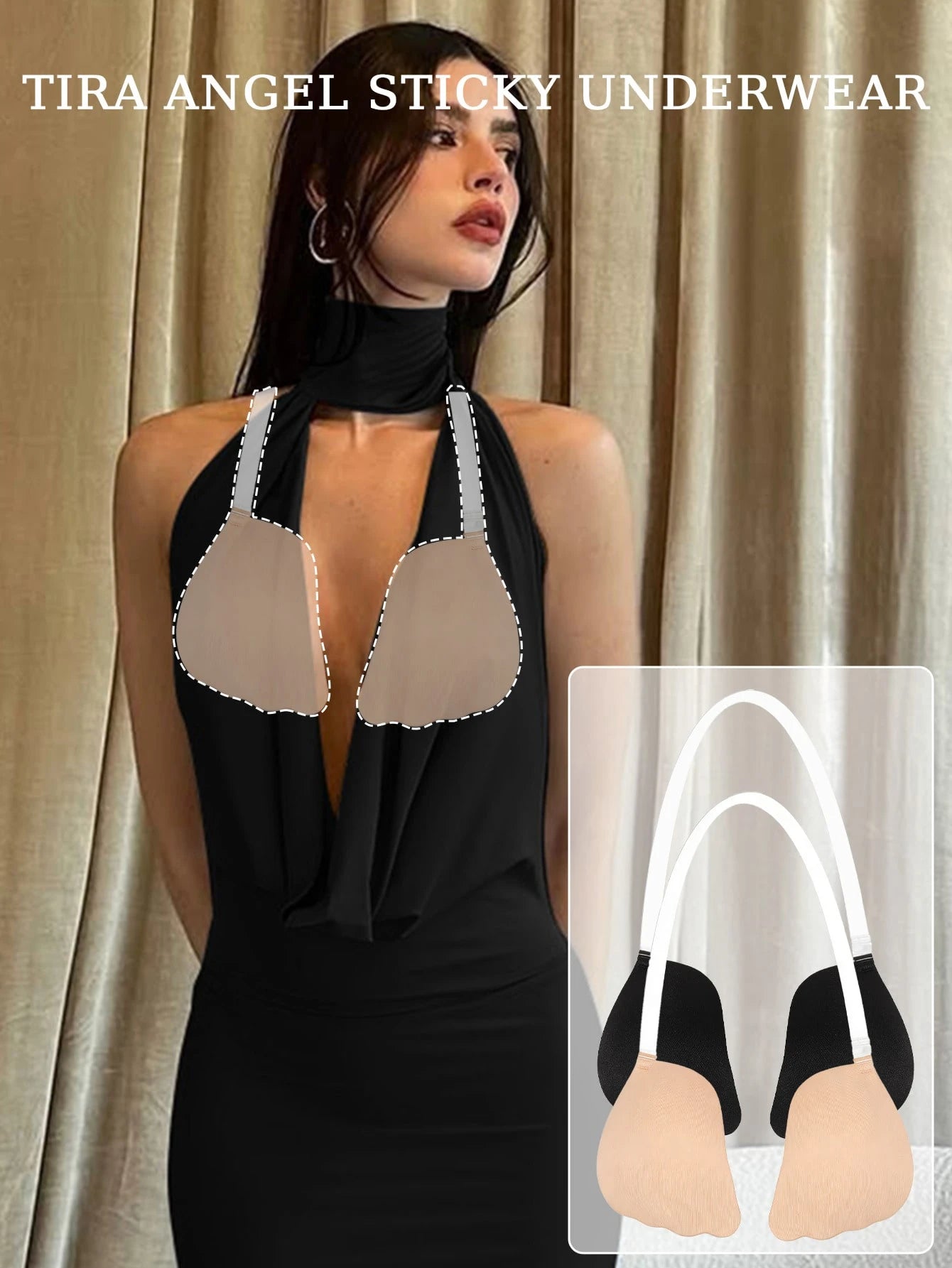 Woman wearing a black dress with TIRA ANGEL Sticky Underwear displayed.