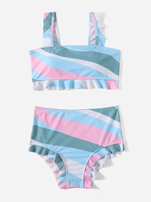 ROMWE Colorblock Ruffle Hem Bikini Swimsuit E1 - PINK SHOP EG