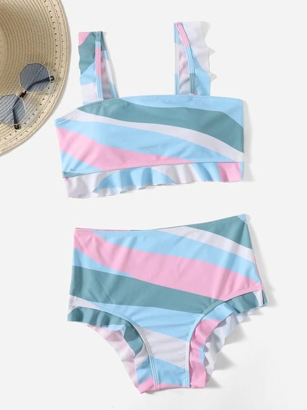 ROMWE Colorblock Ruffle Hem Bikini Swimsuit E1 - PINK SHOP EG