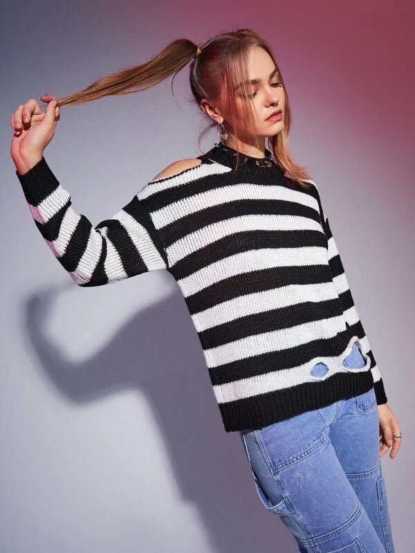ROMWE Striped Cut Out Sweater A1C - PINK SHOP EG