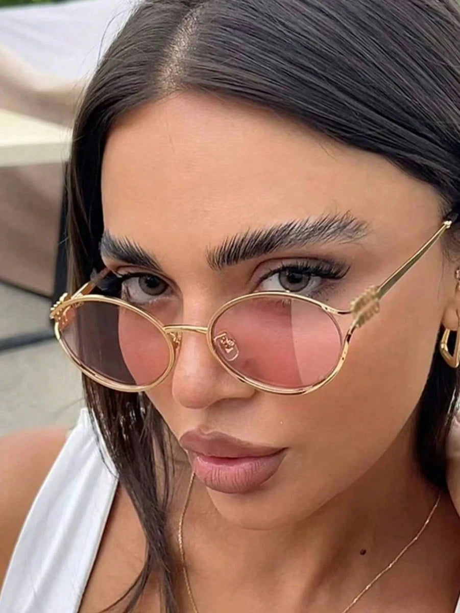 SHEIN 1pc Oval Retro Y2K Fashion Fashion Glasses, Suitable For Travel, Vacation - PINK SHOP EG