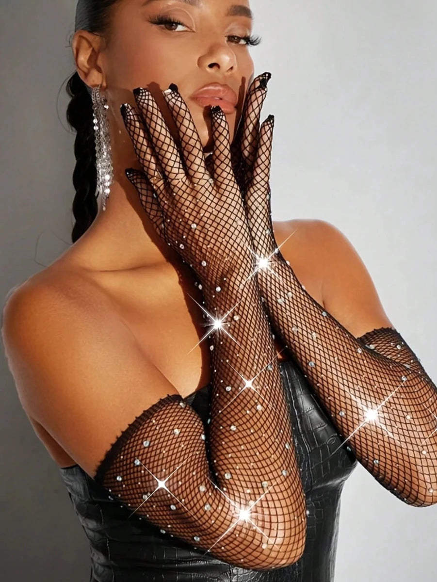 SHEIN Accessories 1 Pair Shiny Crystal Fishnet Gloves - PINK SHOP EG