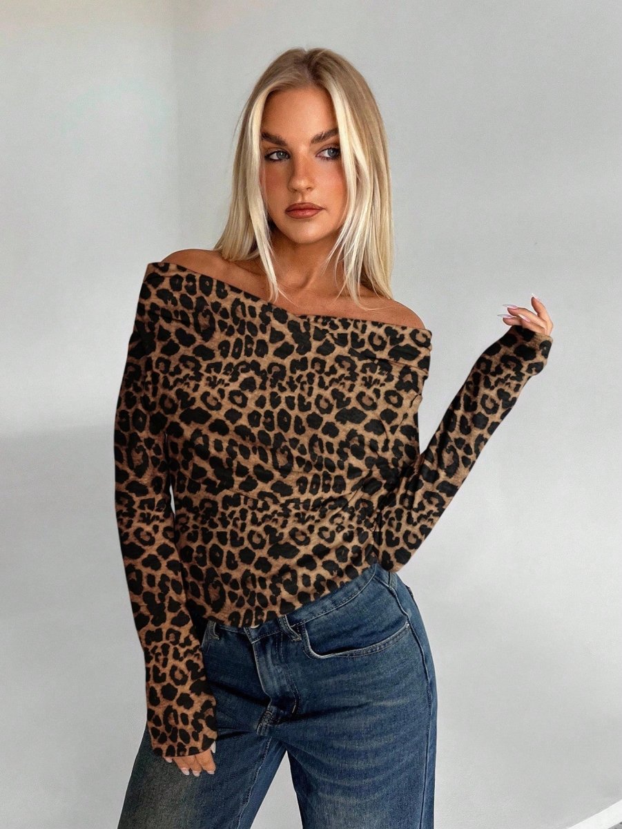 SHEIN Aloruh Leopard Print Off - Shoulder Long Sleeve T-Shirt B4A - PINK SHOP EG