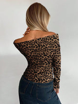 SHEIN Aloruh Leopard Print Off - Shoulder Long Sleeve T-Shirt B4A - PINK SHOP EG