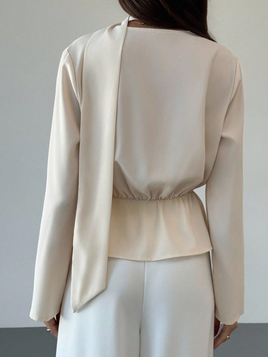 SHEIN Aloruh Women's Solid Color Pleated V - Neck Long Sleeve Fashion Blouse - PINK SHOP EG