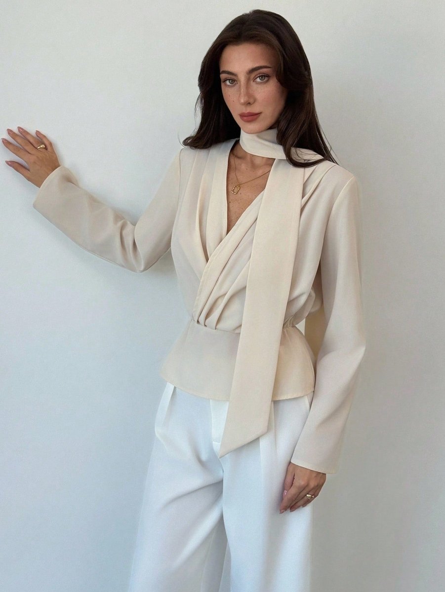 SHEIN Aloruh Women's Solid Color Pleated V - Neck Long Sleeve Fashion Blouse - PINK SHOP EG