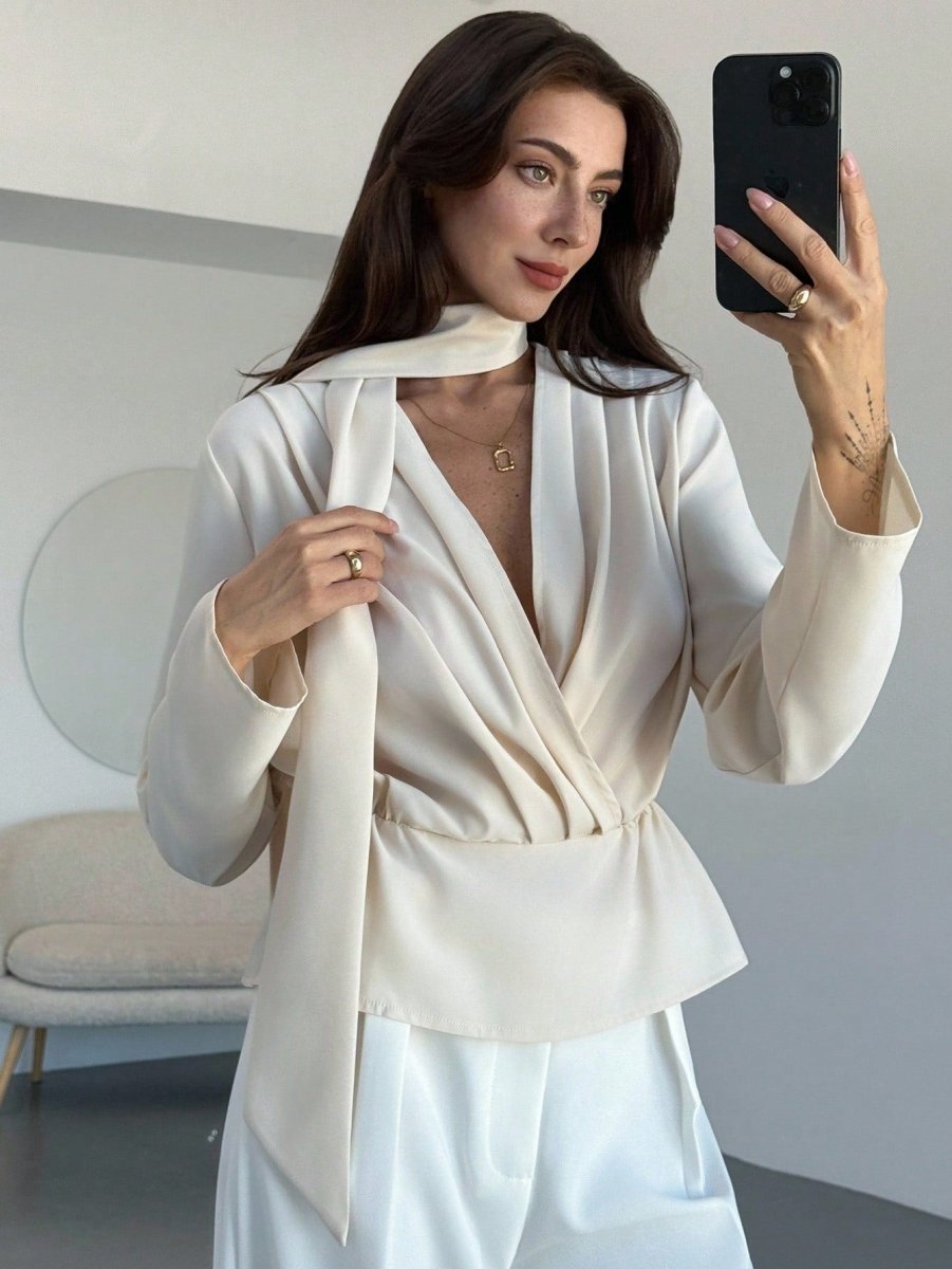 SHEIN Aloruh Women's Solid Color Pleated V - Neck Long Sleeve Fashion Blouse - PINK SHOP EG