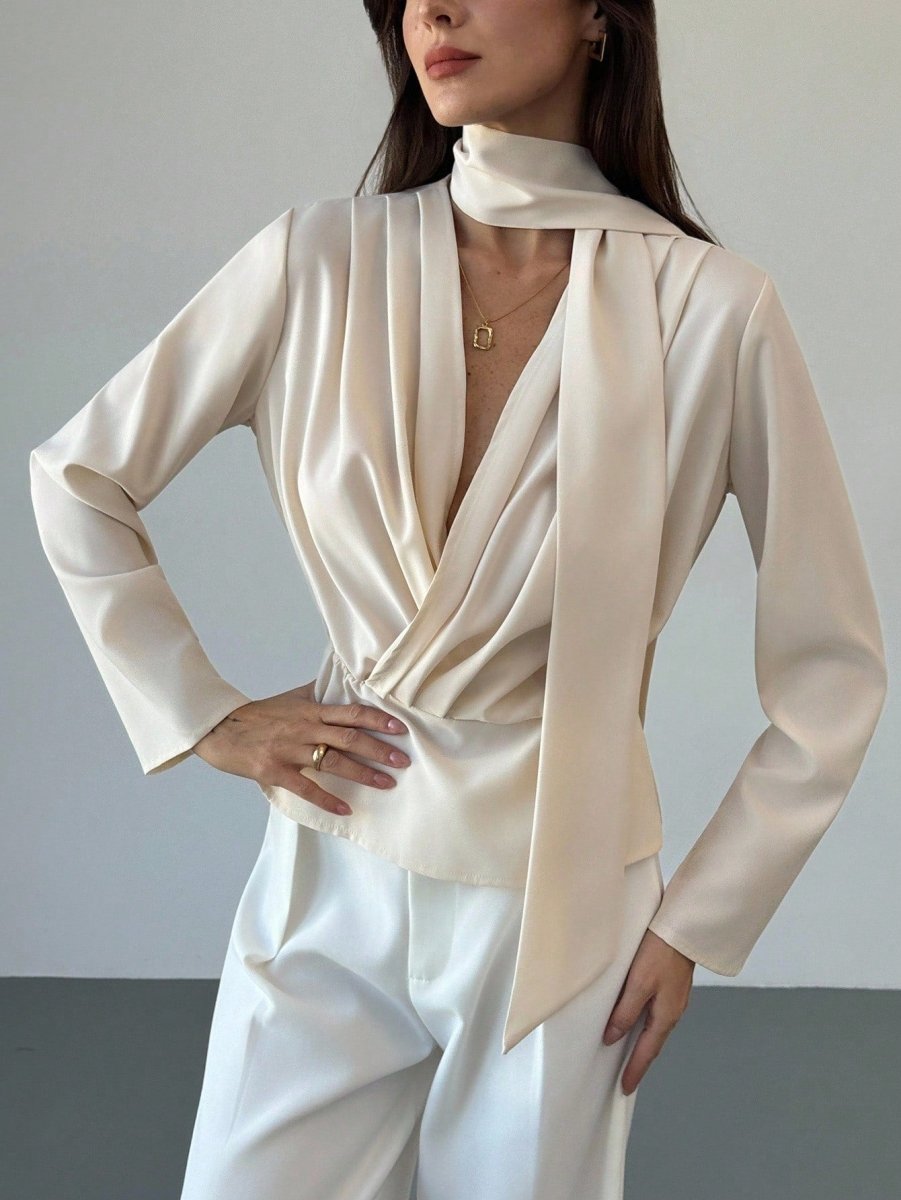 SHEIN Aloruh Women's Solid Color Pleated V - Neck Long Sleeve Fashion Blouse - PINK SHOP EG