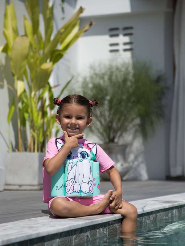 SHEIN Bikinx Toddler Girls Cartoon Cat & Letter Graphic Floating BOX2 - PINK SHOP EG