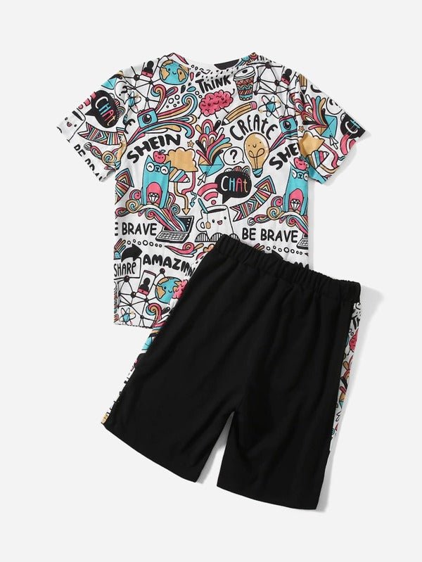 SHEIN Boys Letter & Graphic Print Tee and Shorts Set K4A - PINK SHOP EG