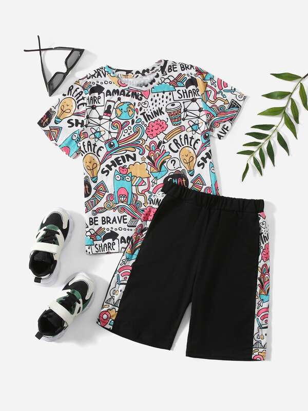 SHEIN Boys Letter & Graphic Print Tee and Shorts Set K4A - PINK SHOP EG