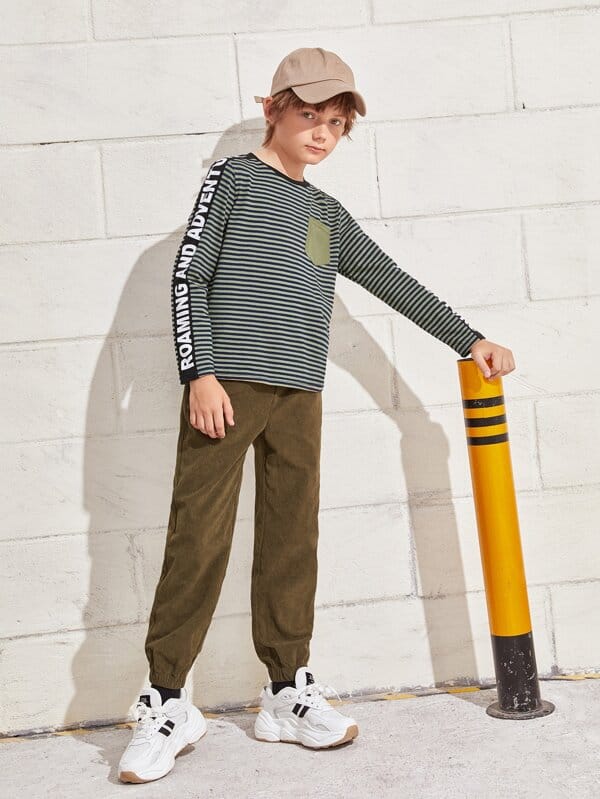 SHEIN Boys Letter Graphic Tape Striped Tee K5C - PINK SHOP EG