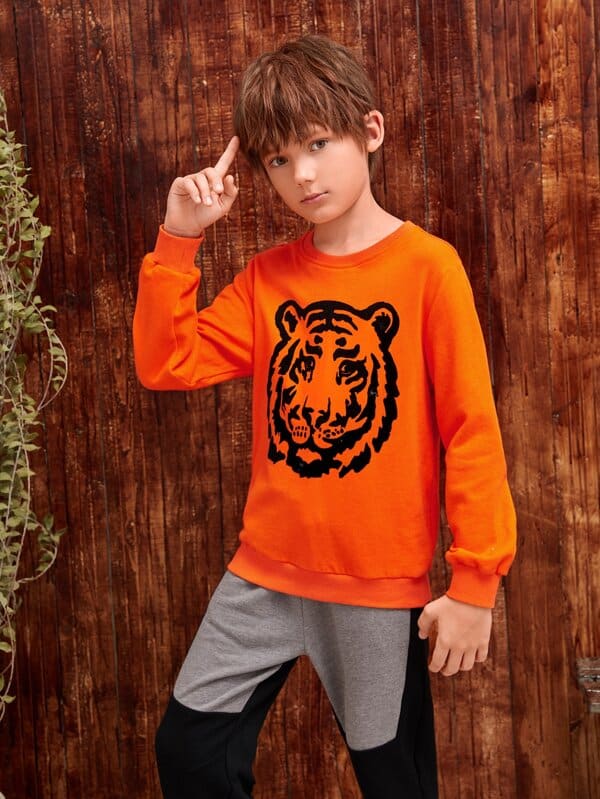 SHEIN Boys Neon Orange Tiger Print Pullover K6B - PINK SHOP EG