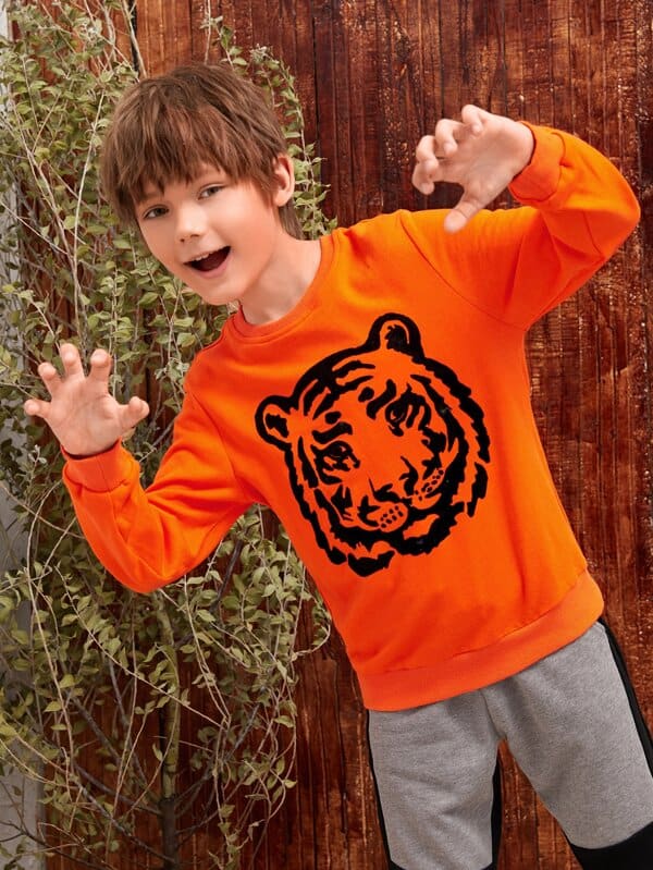 SHEIN Boys Neon Orange Tiger Print Pullover K6B - PINK SHOP EG