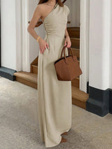 SHEIN Cévolie Women's Solid Color Waist - Cinched Asymmetric Neck Long Dress - PINK SHOP EG