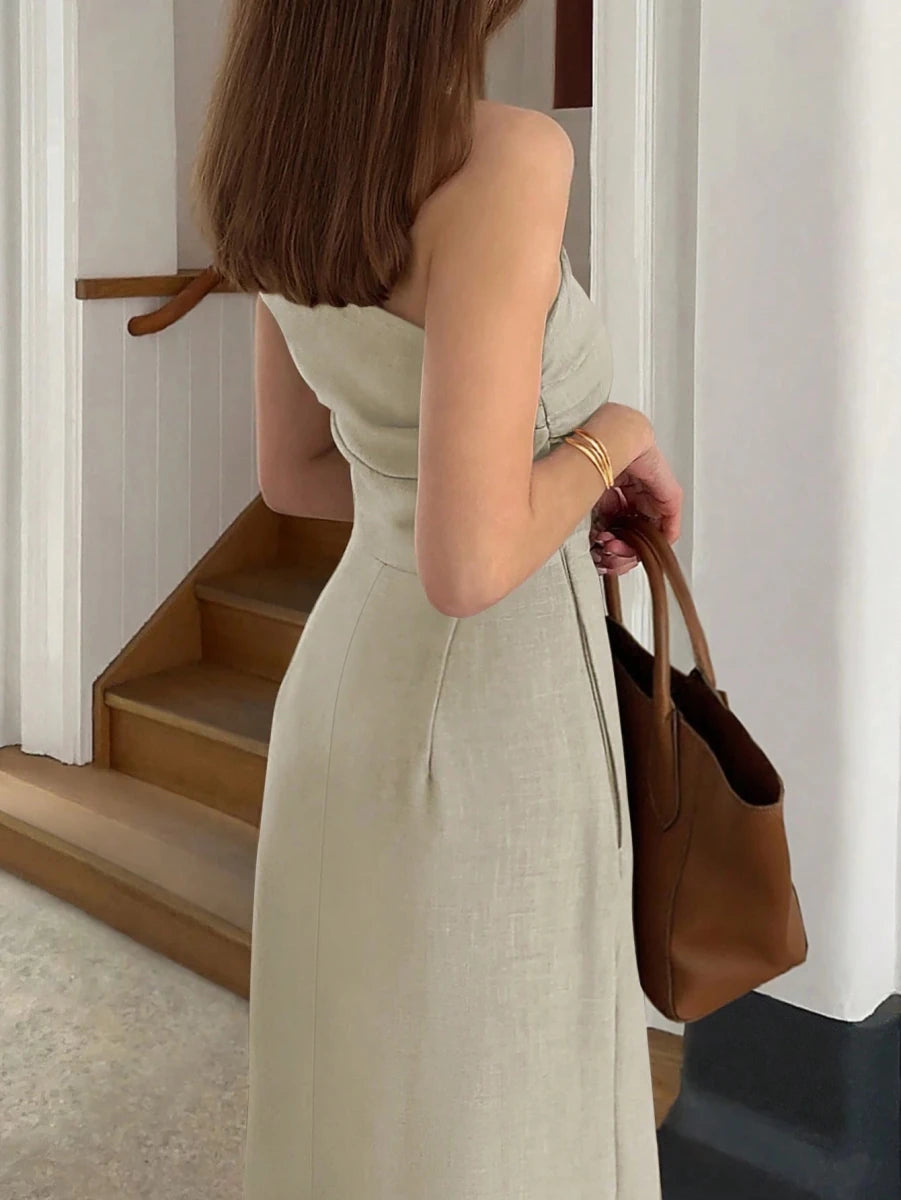 SHEIN Cévolie Women's Solid Color Waist - Cinched Asymmetric Neck Long Dress - PINK SHOP EG