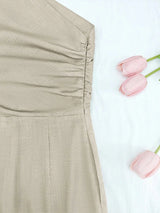 SHEIN Cévolie Women's Solid Color Waist - Cinched Asymmetric Neck Long Dress - PINK SHOP EG