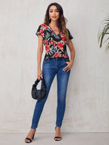 SHEIN Cutout V - neck Tropical Print Top A3A - PINK SHOP EG