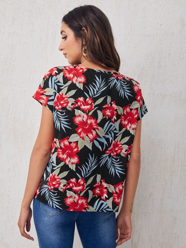 SHEIN Cutout V - neck Tropical Print Top A3A - PINK SHOP EG