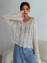 SHEIN DAZY Scallop Trim Pointelle Knit Sweater A4C - PINK SHOP EG