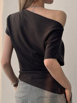 SHEIN DAZY Women's Asymmetrical Neck Cinched Waist T-Shirt - PINK SHOP EG