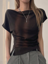 SHEIN DAZY Women's Asymmetrical Neck Cinched Waist T-Shirt - PINK SHOP EG