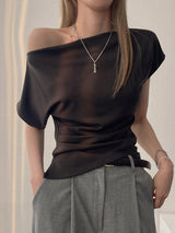 SHEIN DAZY Women's Asymmetrical Neck Cinched Waist T-Shirt - PINK SHOP EG