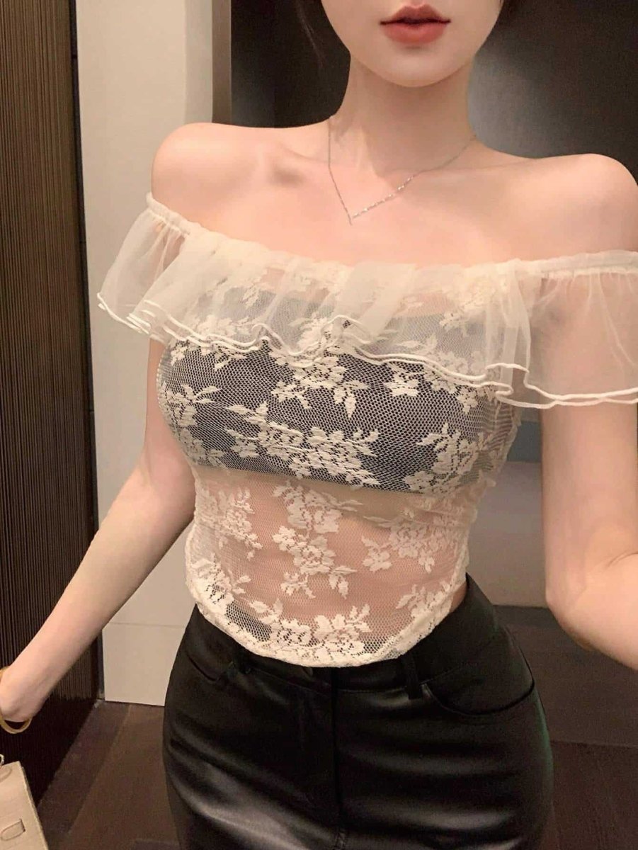 SHEIN DAZY Women's Slim Fit Lace Mesh Sheer Top A1B - PINK SHOP EG