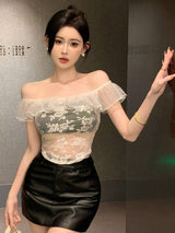 SHEIN DAZY Women's Slim Fit Lace Mesh Sheer Top A1B - PINK SHOP EG