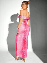 SHEIN DRESS Hauture Knitted Floral Elegant Off - Shoulder D6C - PINK SHOP EG