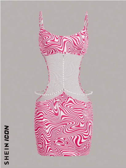 SHEIN DRESS ICON Marble Print Pearls Chain Cut Out C6C - PINK SHOP EG