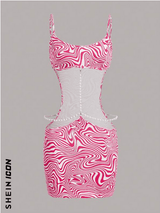 SHEIN DRESS ICON Marble Print Pearls Chain Cut Out C6C - PINK SHOP EG