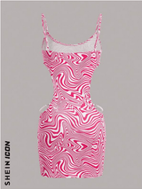 SHEIN DRESS ICON Marble Print Pearls Chain Cut Out C6C - PINK SHOP EG