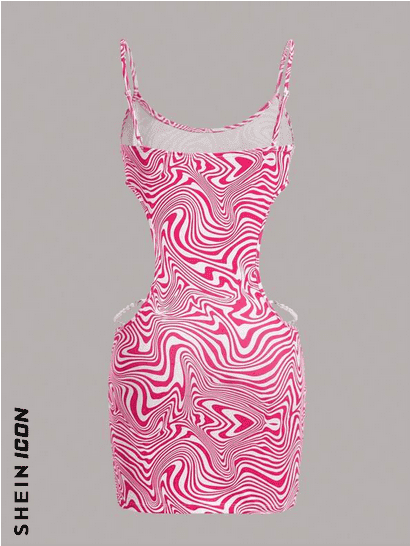 SHEIN DRESS ICON Marble Print Pearls Chain Cut Out C6C - PINK SHOP EG