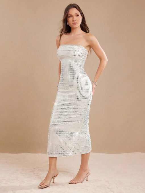 SHEIN DRESS L’Amorae Elegant Strapless Sequin Foldover Fitter - PINK SHOP EG