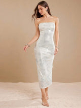 SHEIN DRESS L’Amorae Elegant Strapless Sequin Foldover Fitter - PINK SHOP EG