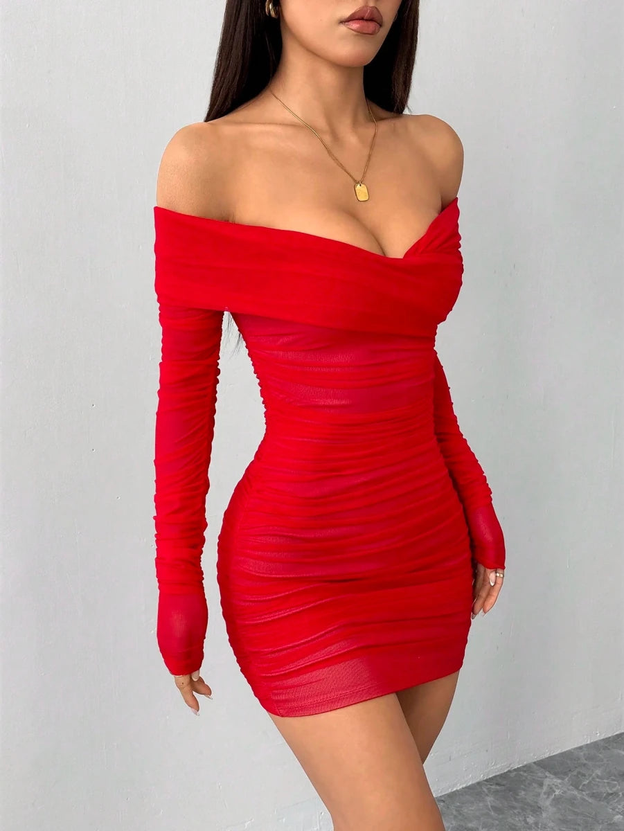 SHEIN Dress PETITE Off Shoulder Ruched Mesh Bodycon - PINK SHOP EG