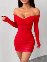 SHEIN Dress PETITE Off Shoulder Ruched Mesh Bodycon - PINK SHOP EG