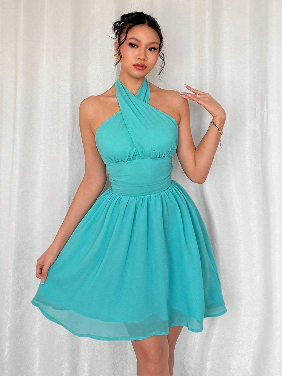 SHEIN DRESS Privé Women's New Elegant Halter Flared D2B - PINK SHOP EG