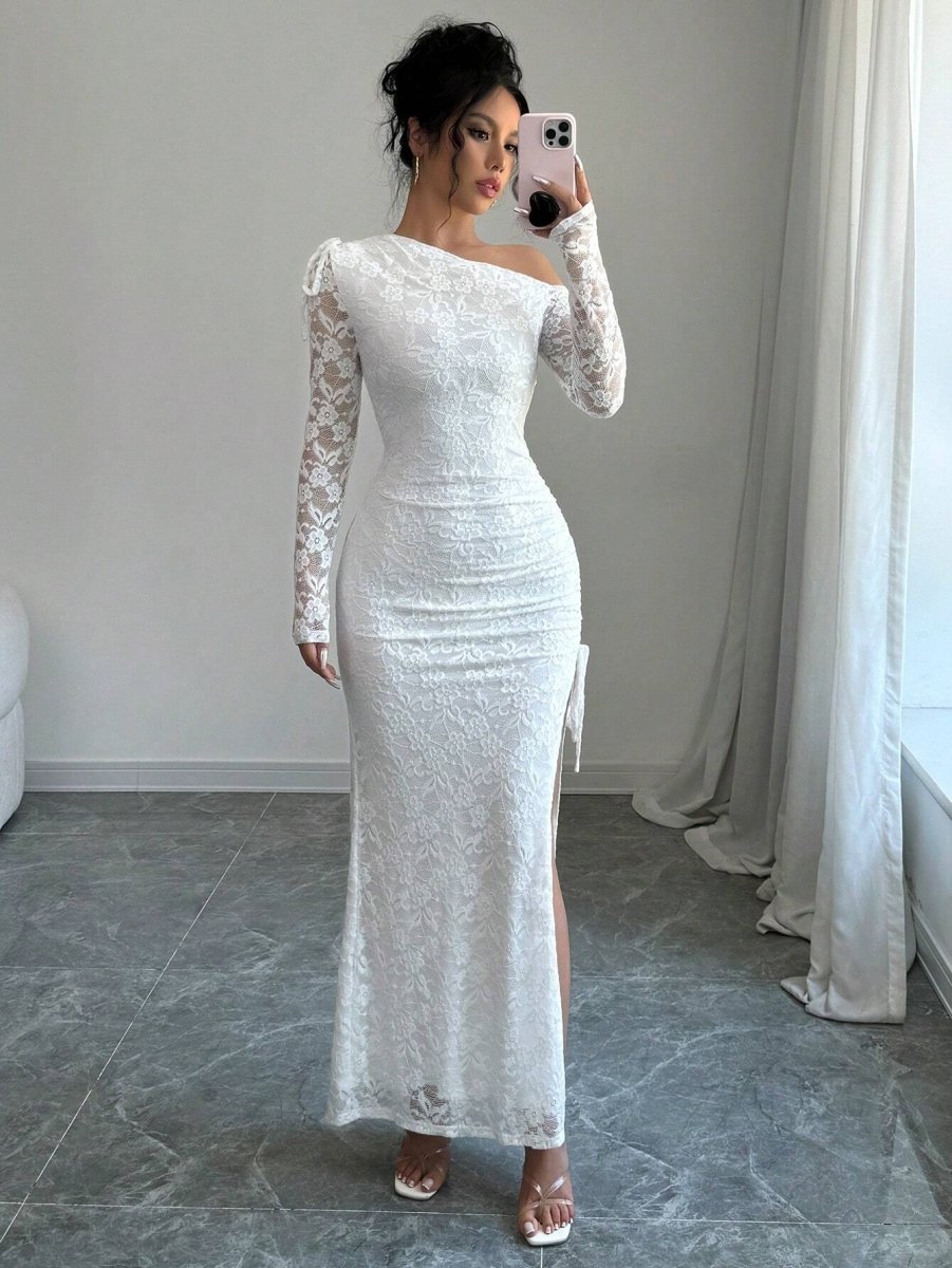 SHEIN Dresses Rafferiza Plain Oblique Shoulder Long Sleeve - PINK SHOP EG