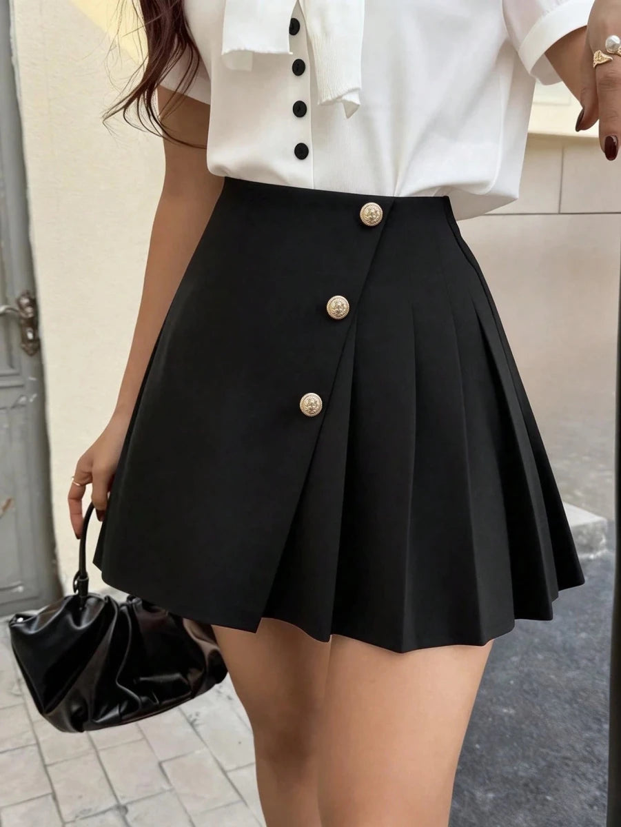 SHEIN EARO Chic Women's Black Asymmetric Mini Skirt, High Waist Pleated Button Design - PINK SHOP EG
