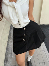 SHEIN EARO Chic Women's Black Asymmetric Mini Skirt, High Waist Pleated Button Design - PINK SHOP EG