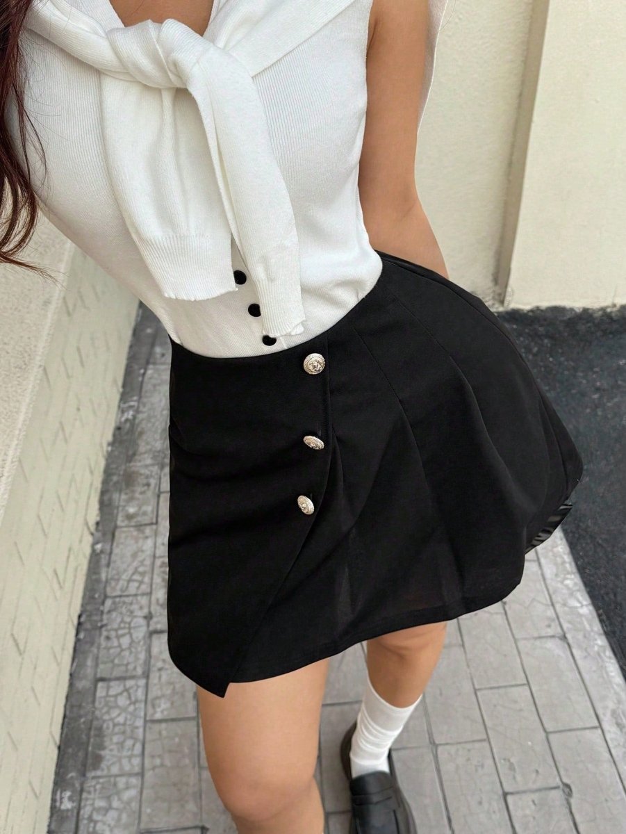SHEIN EARO Chic Women's Black Asymmetric Mini Skirt, High Waist Pleated Button Design - PINK SHOP EG