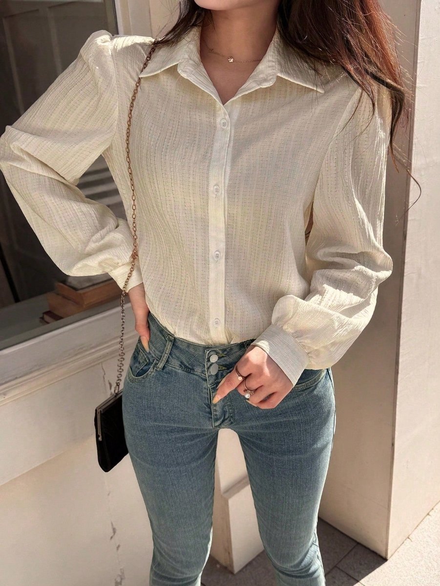 SHEIN EARO Chic Women's Classic Apricot Button - Up Casual Elegant Shirt, Long Puff Sleeves - PINK SHOP EG