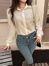 SHEIN EARO Chic Women's Classic Apricot Button - Up Casual Elegant Shirt, Long Puff Sleeves - PINK SHOP EG