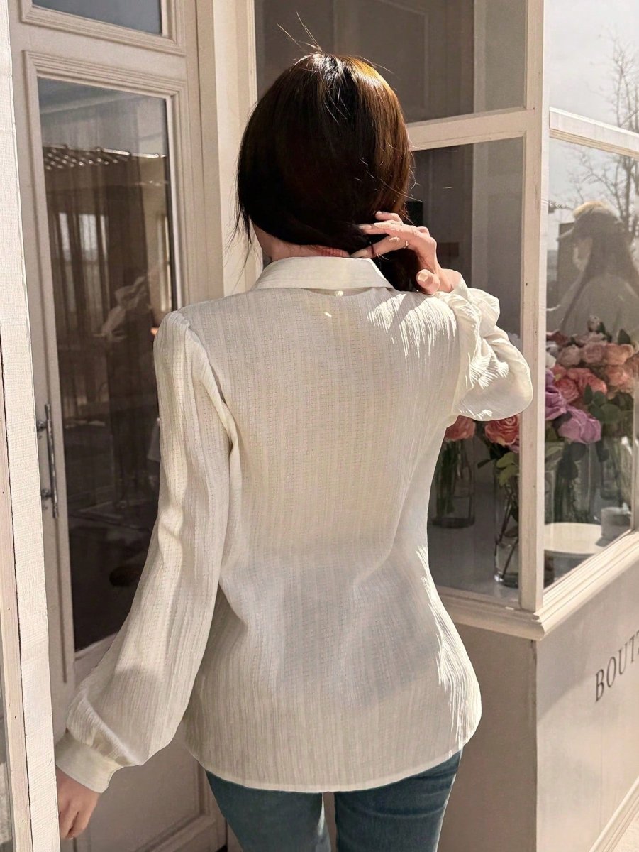 SHEIN EARO Chic Women's Classic Apricot Button - Up Casual Elegant Shirt, Long Puff Sleeves - PINK SHOP EG