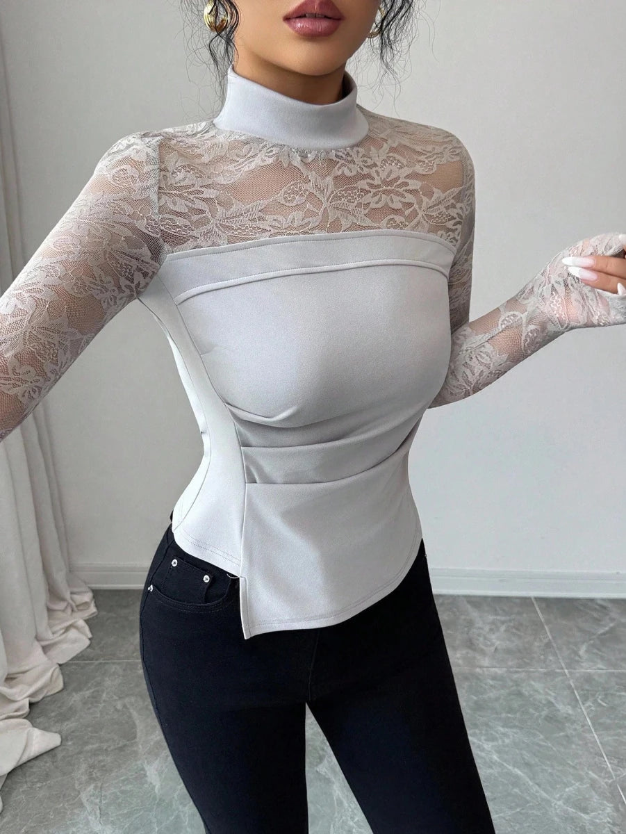 SHEIN Elenzga Women's Lace Patchwork Long Sleeve Top - PINK SHOP EG